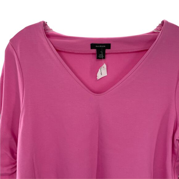 Halogen Pink Knit Pullover 3/4 Ruched Sleeve V-Neck Barbie Top S  NWT - Picture 3 of 12